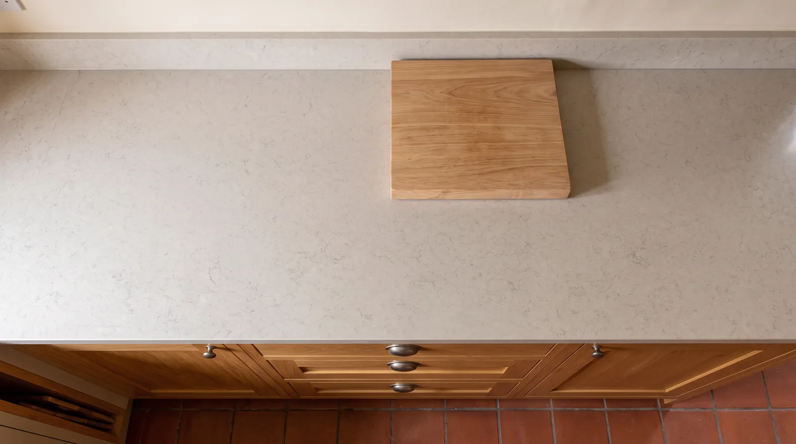 Luna Beige NobleStone worktop in an overhead kitchen view