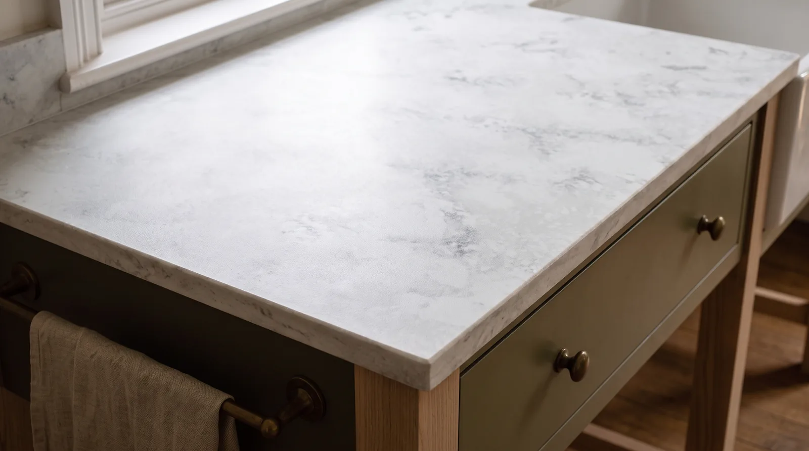 Luna Bianco Leather NobleStone worktop in a close kitchen detail view