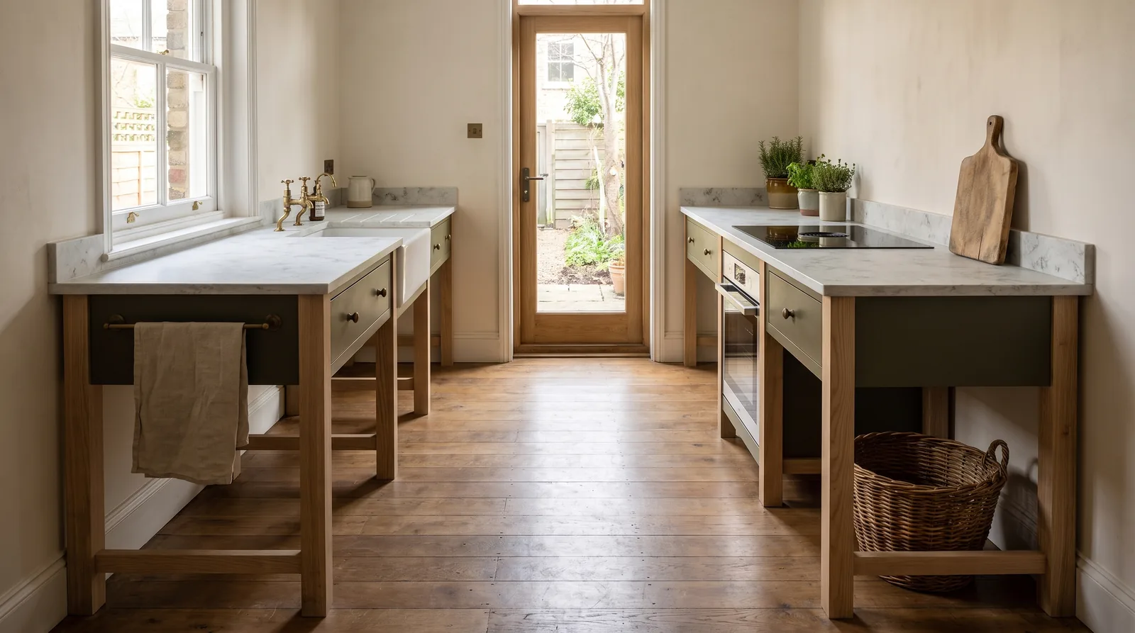 Luna Bianco Leather NobleStone worktop in a wide kitchen view