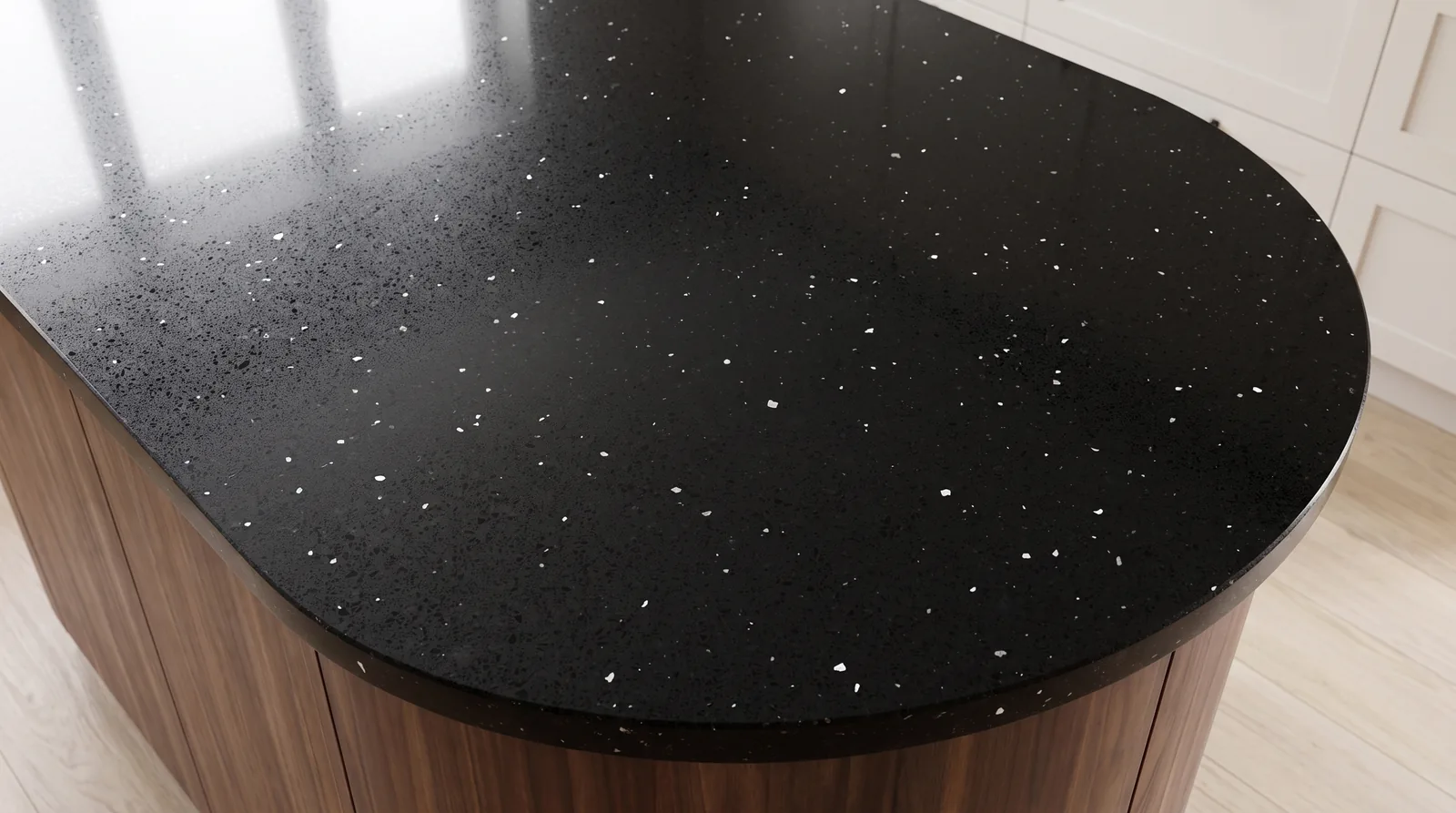 Lustre Black NobleStone worktop in a close kitchen detail view