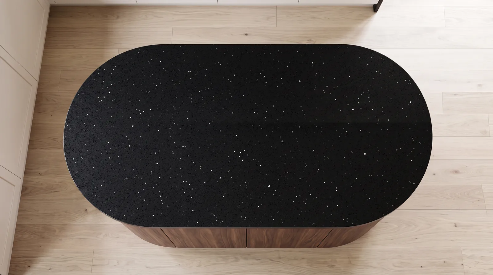 Lustre Black NobleStone worktop in an overhead kitchen view