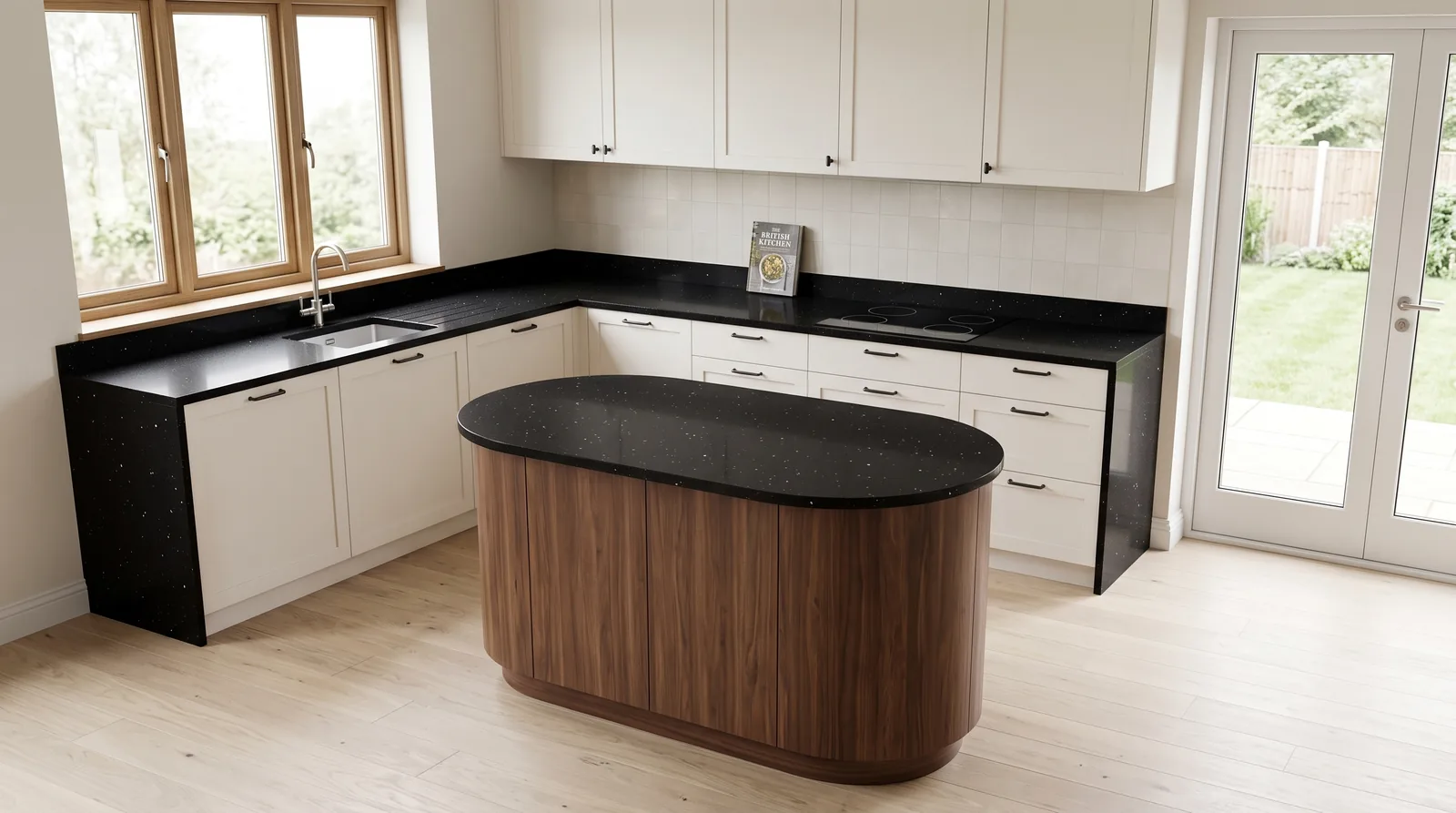 Lustre Black NobleStone worktop in a wide kitchen view