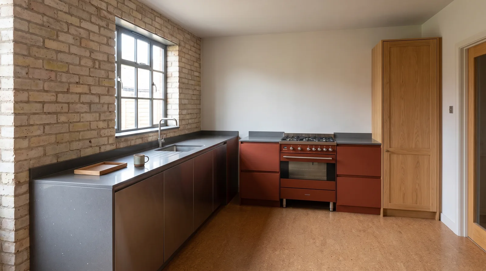 Lustre Grey NobleStone worktop in a wide kitchen view