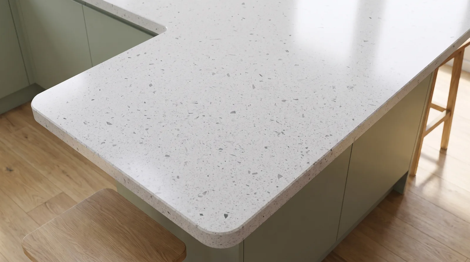 Lustre White NobleStone worktop in a close kitchen detail view