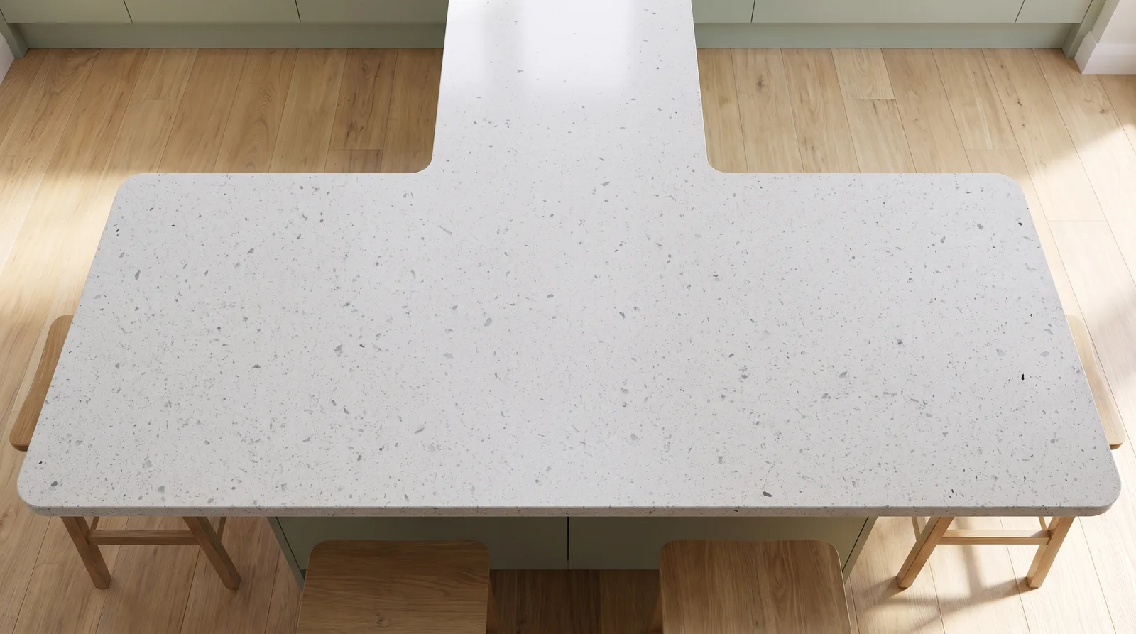 Lustre White NobleStone worktop in an overhead kitchen view
