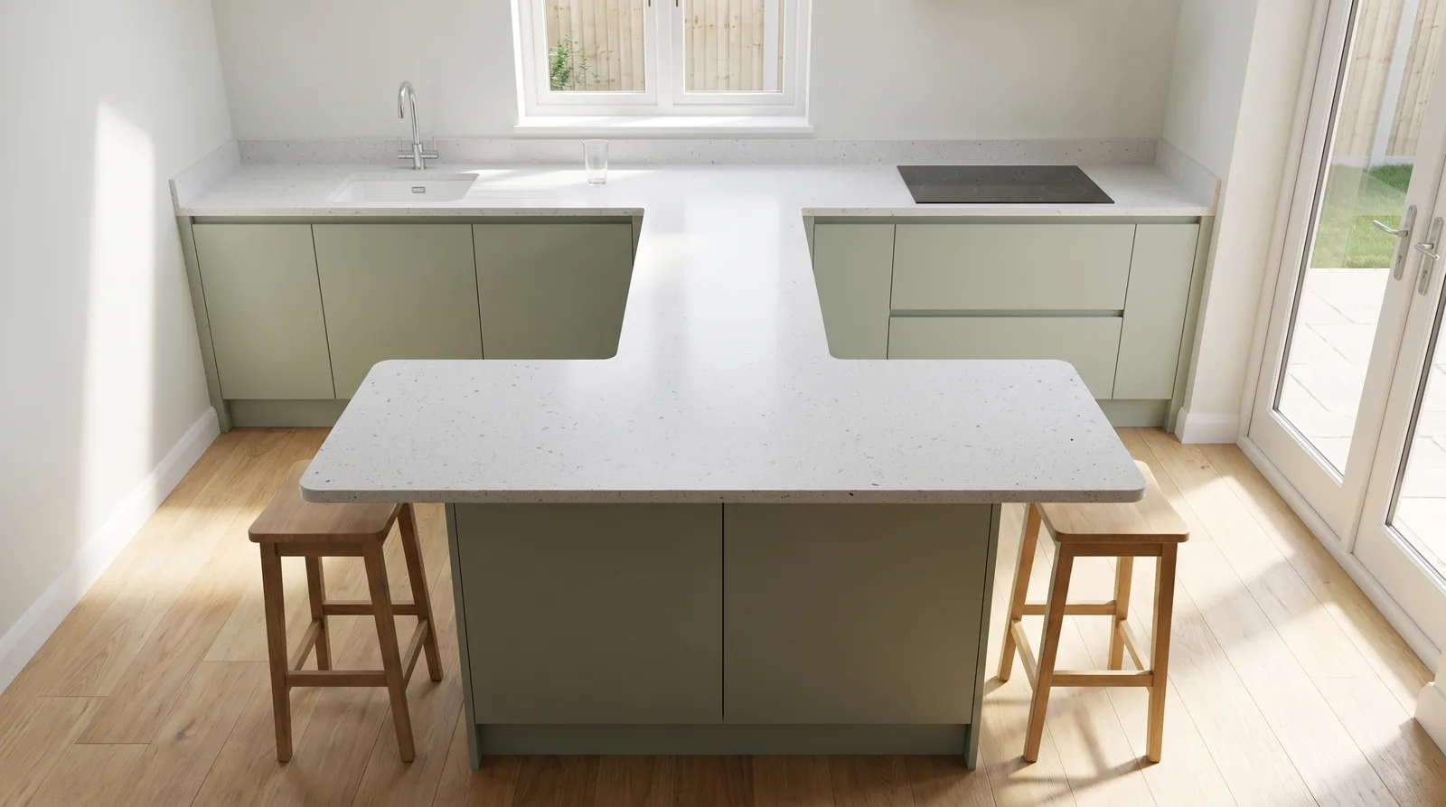 Lustre White NobleStone worktop in a wide kitchen view