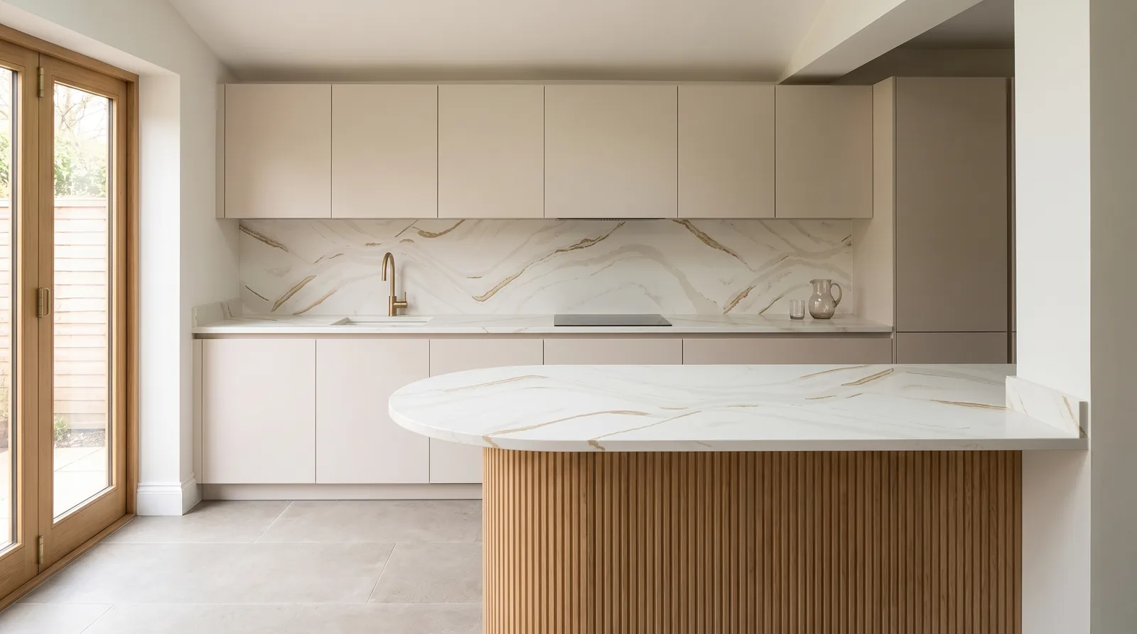 Malibu NobleStone worktop in a wide kitchen view