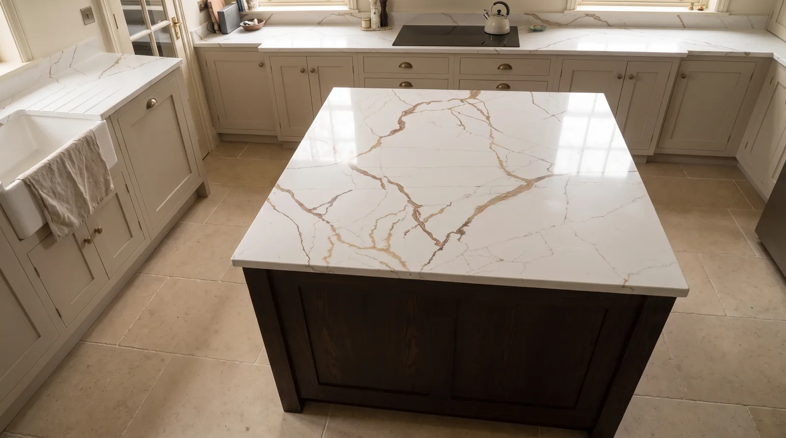 Mallorca NobleStone worktop in an overhead kitchen view