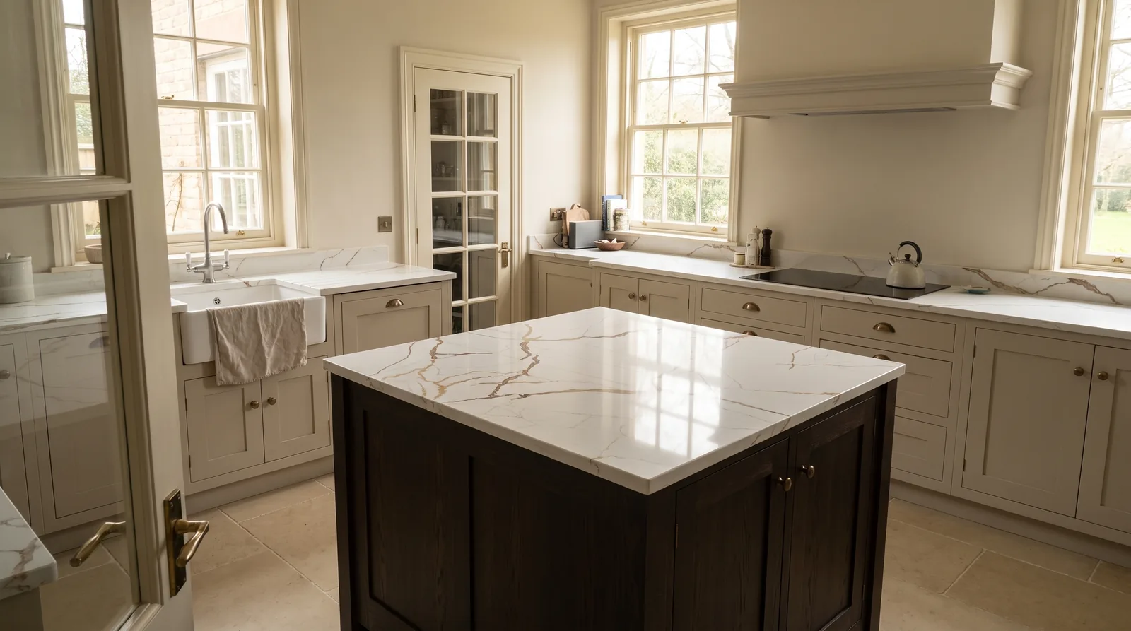 Mallorca NobleStone worktop in a wide kitchen view