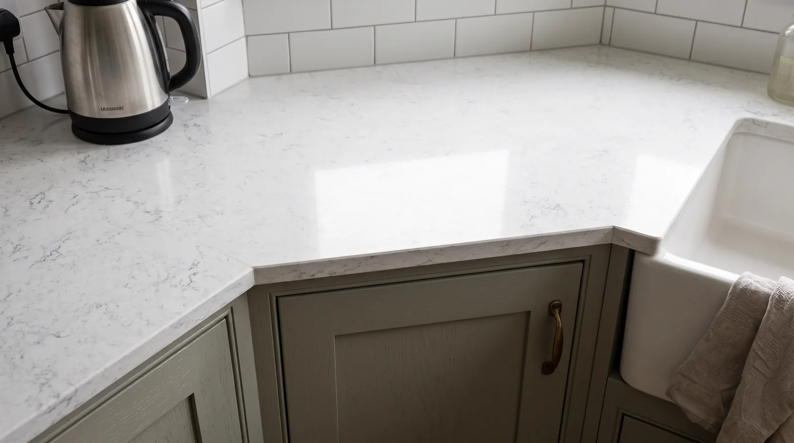 Mirage White NobleStone worktop in a close kitchen detail view