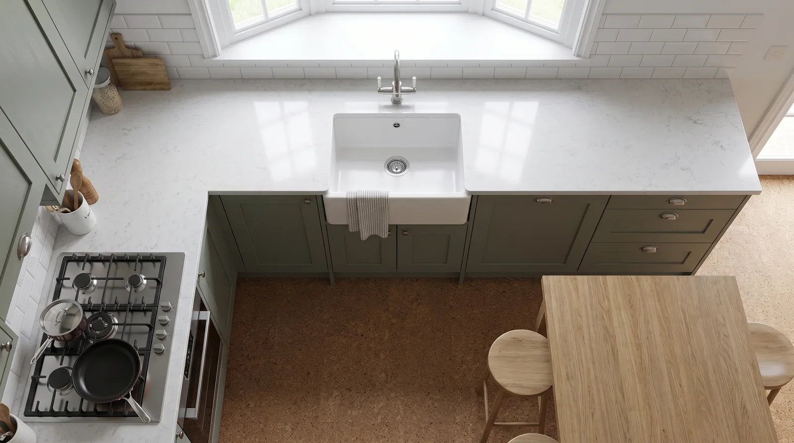 Mirage White NobleStone worktop in an overhead kitchen view