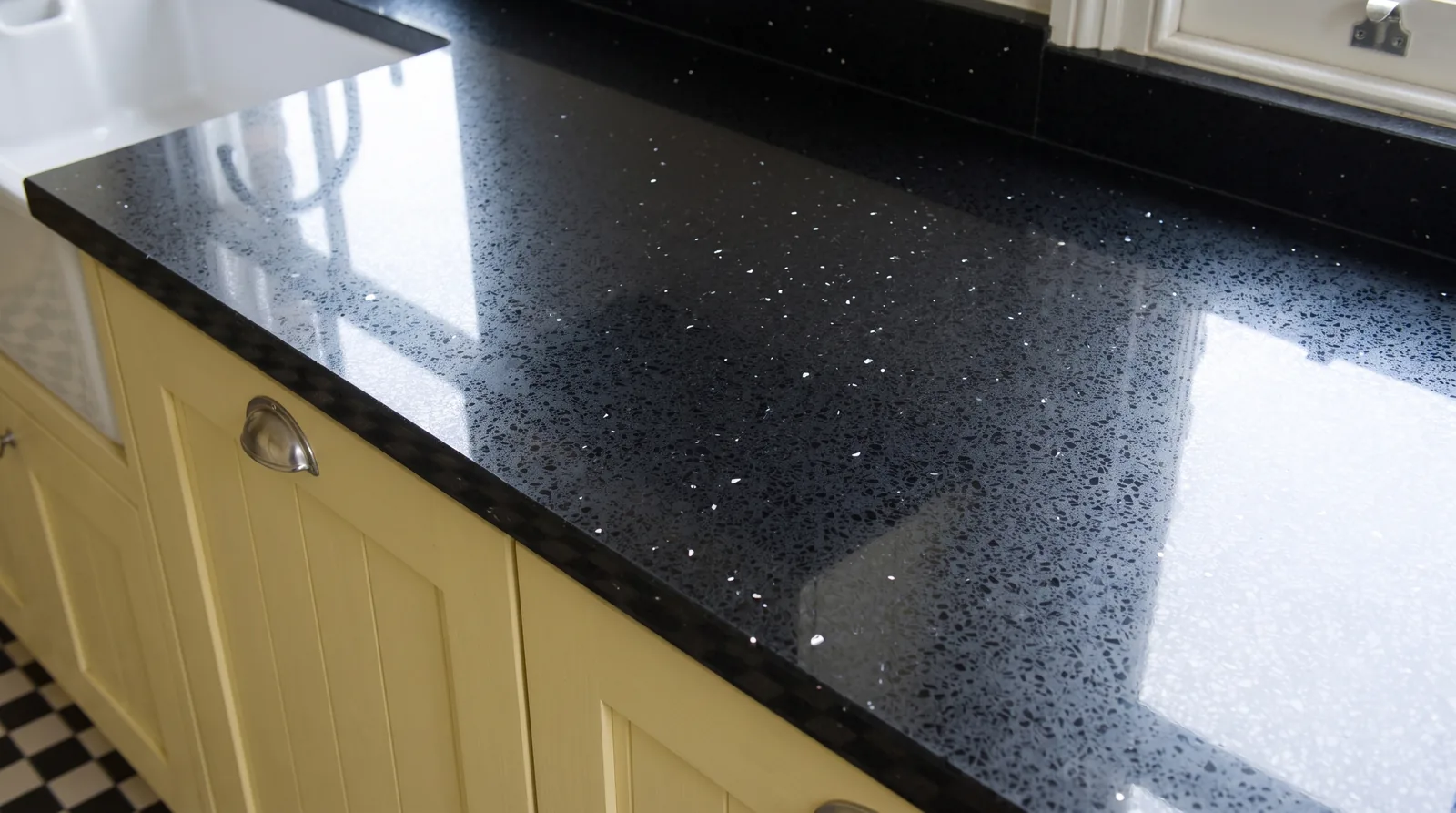 Mirror Black NobleStone worktop in a close kitchen detail view