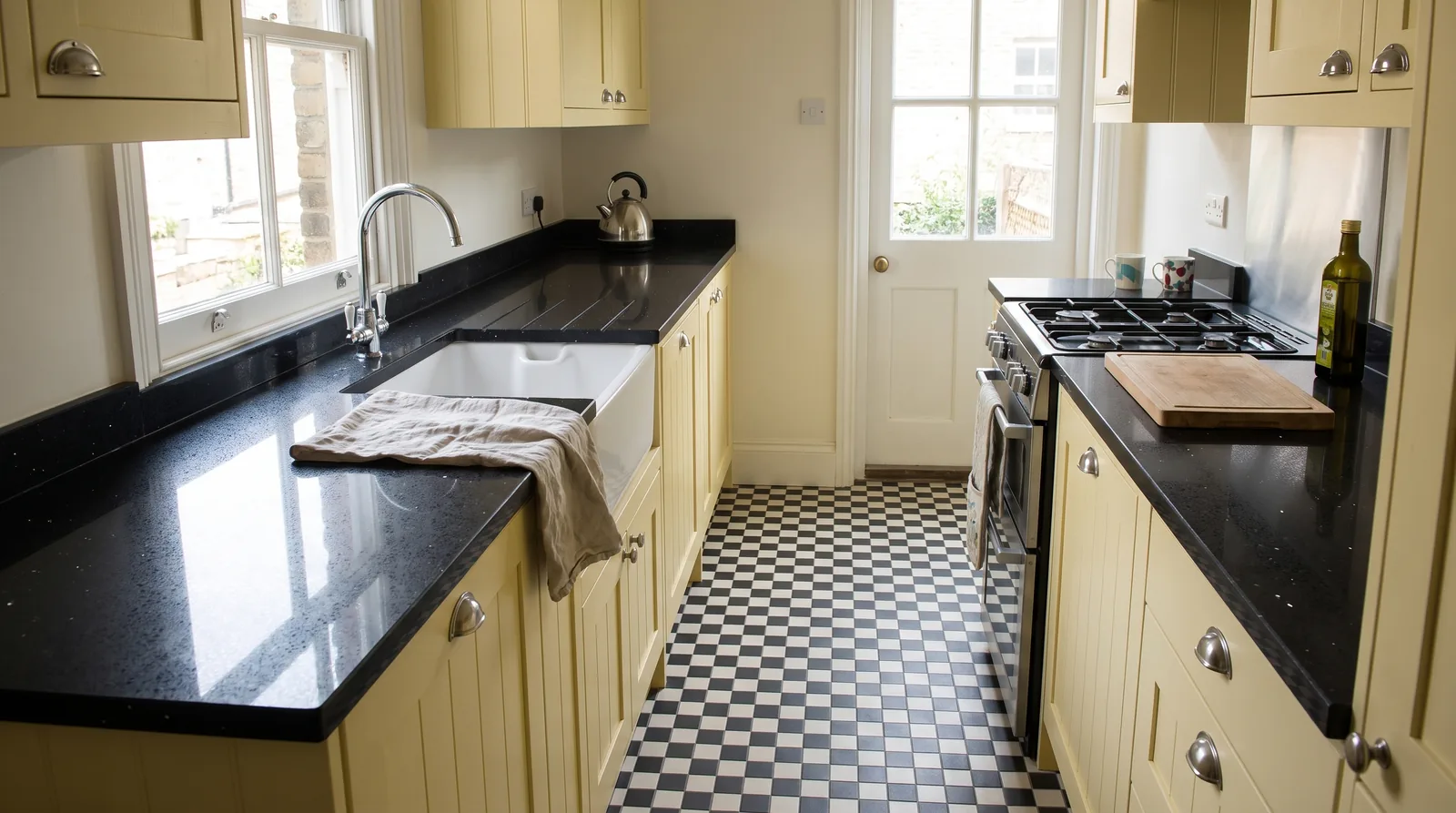 Mirror Black NobleStone worktop in a wide kitchen view