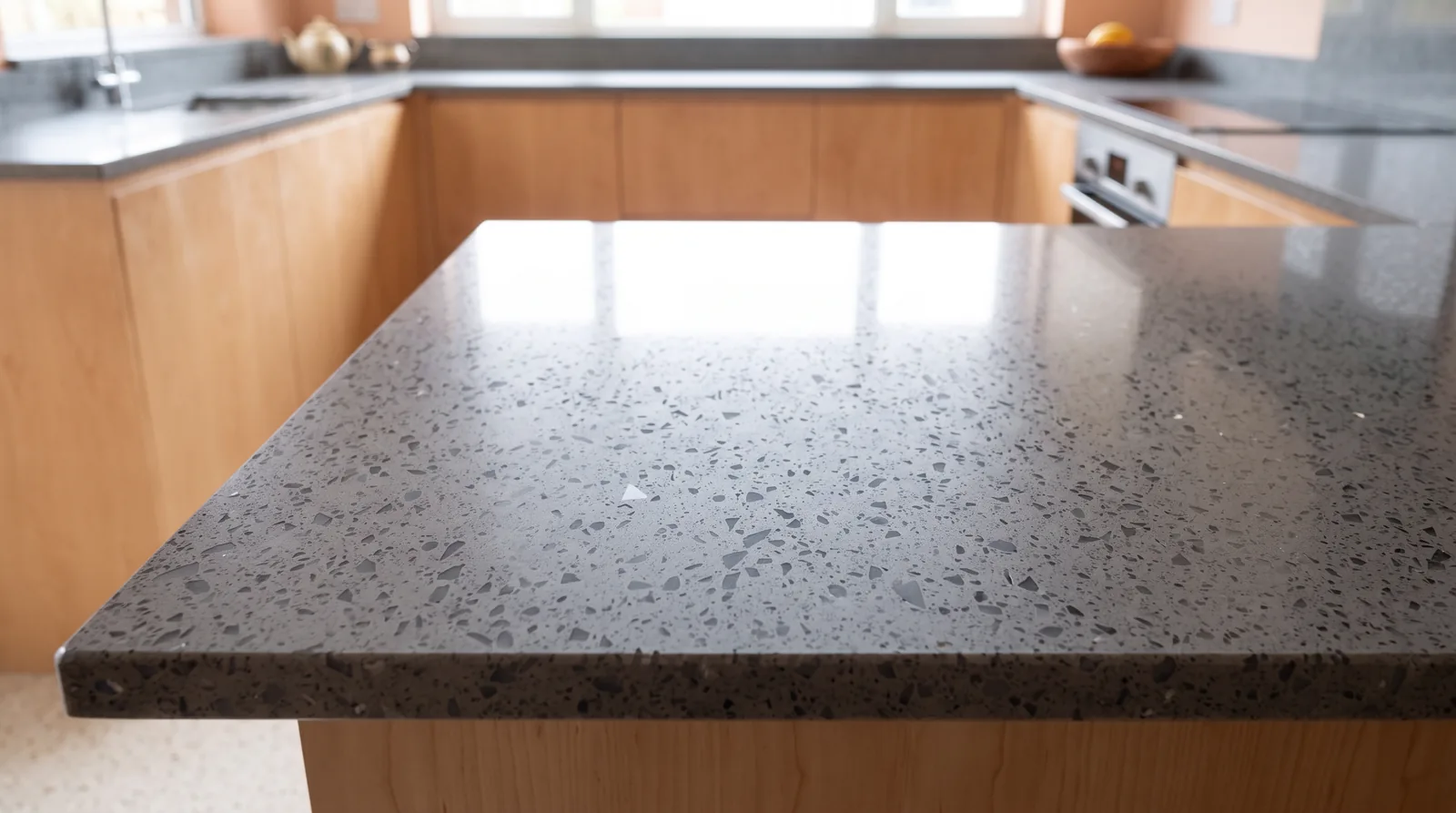 Mirror Grey NobleStone worktop in a close kitchen detail view
