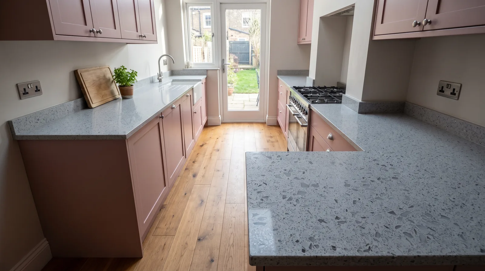 Mirror Light Grey NobleStone worktop in a wide kitchen view