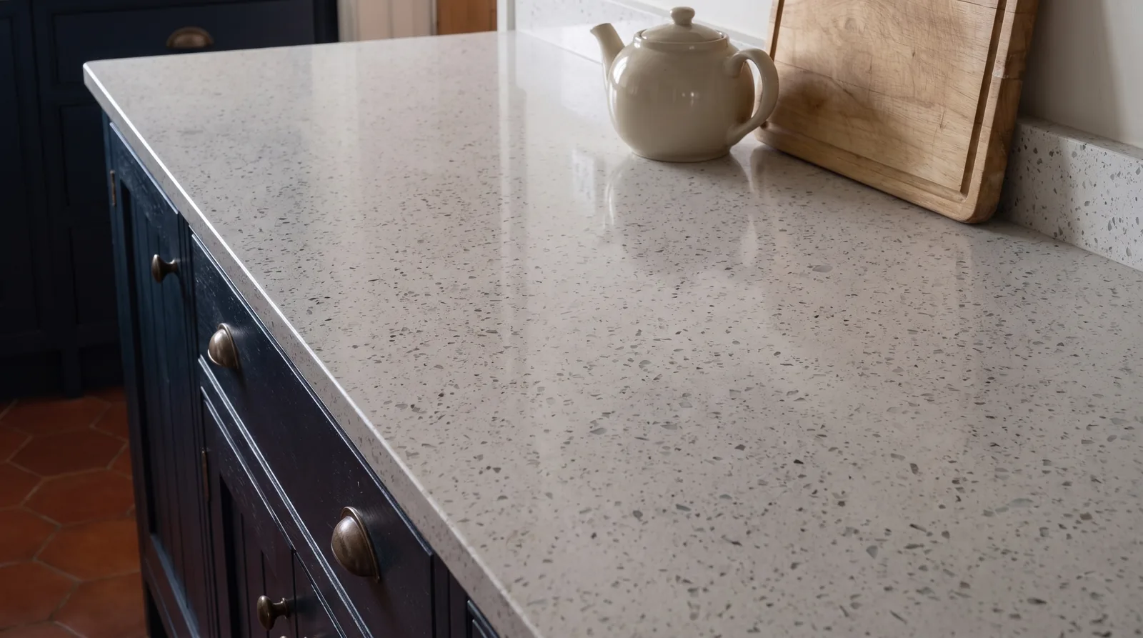 Mirror White NobleStone worktop in a close kitchen detail view