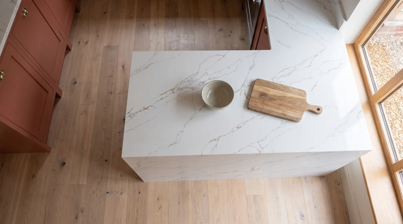 Modena Gold NobleStone worktop in an overhead kitchen view