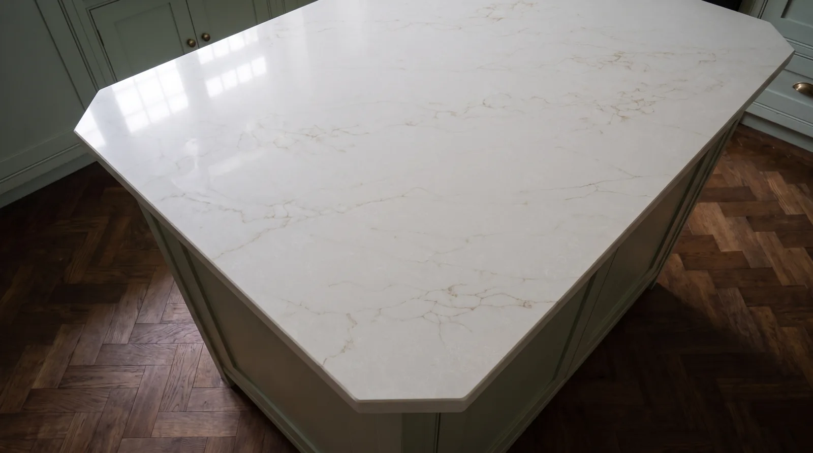 Onyx Gold NobleStone worktop in an overhead kitchen view