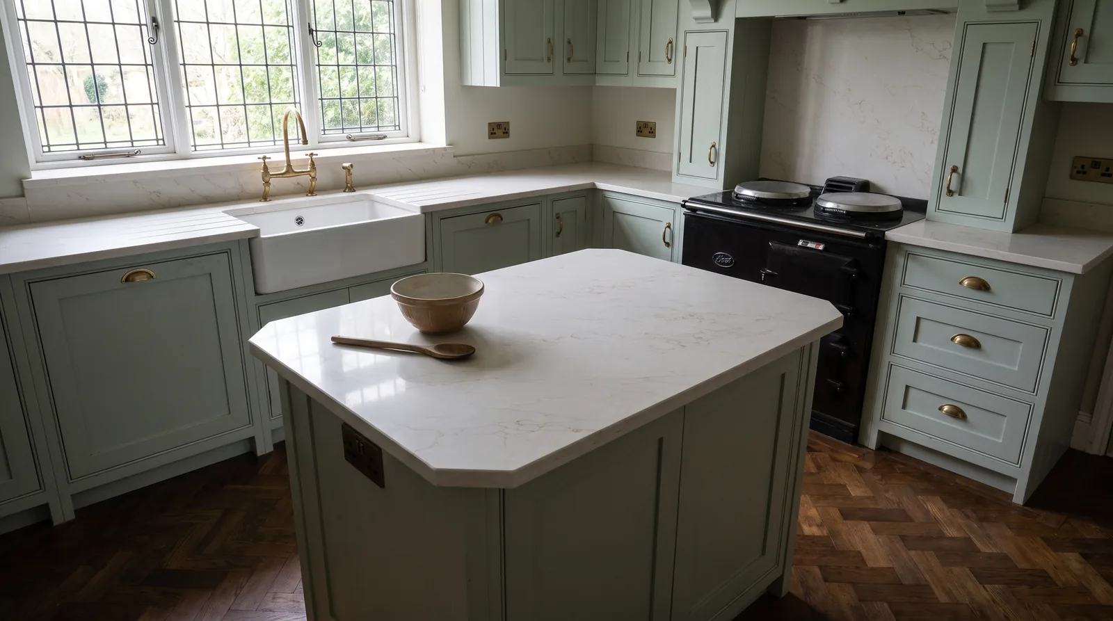 Onyx Gold NobleStone worktop in a wide kitchen view