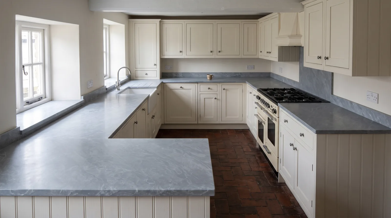 Onyx Ice NobleStone worktop in a wide kitchen view