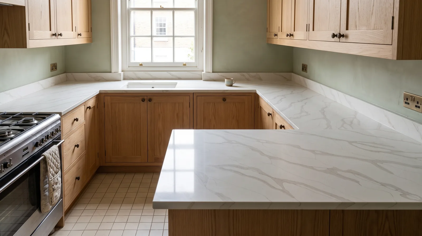 Oro NobleStone worktop in a wide kitchen view