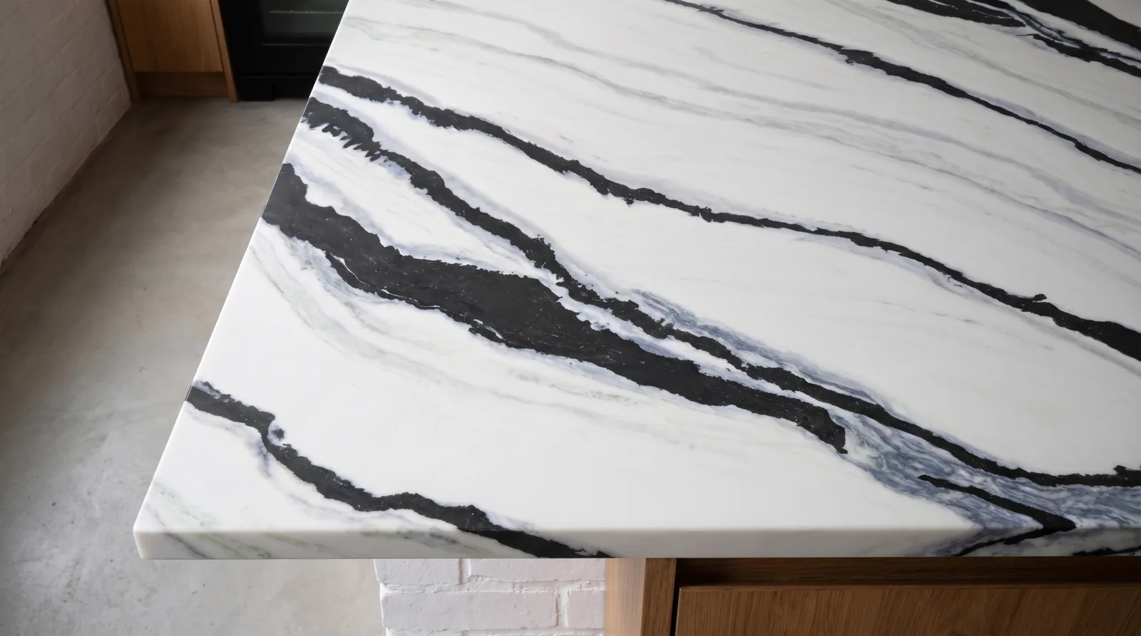 Panda White 3D NobleStone worktop in a close kitchen detail view