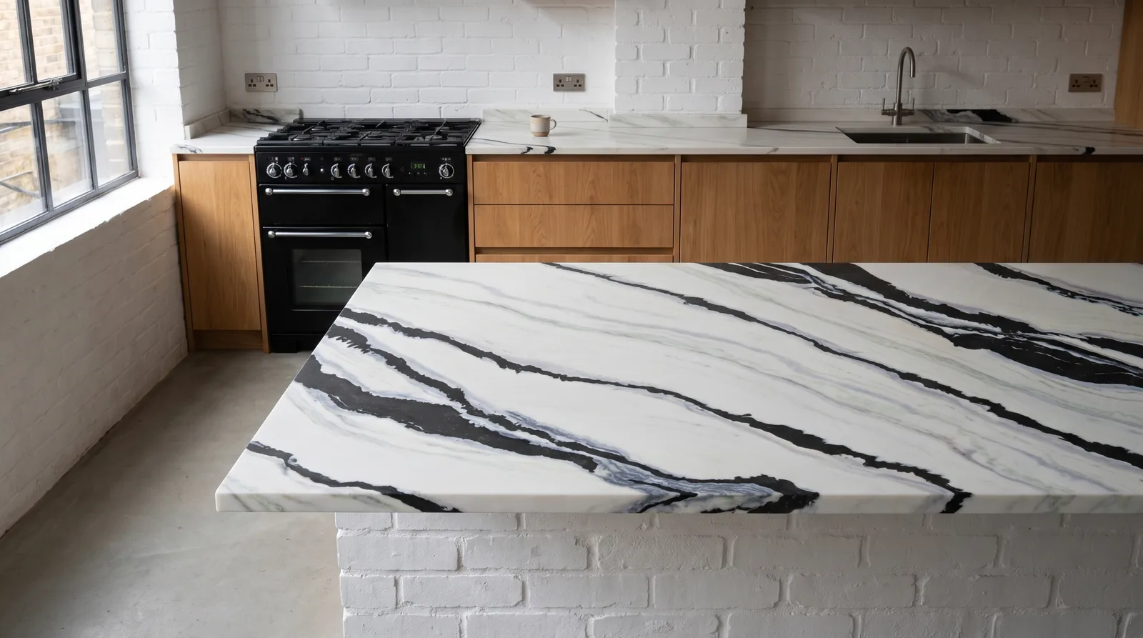Panda White 3D NobleStone worktop in a wide kitchen view