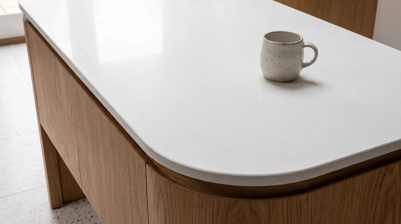 Pure White NobleStone worktop in a close kitchen detail view