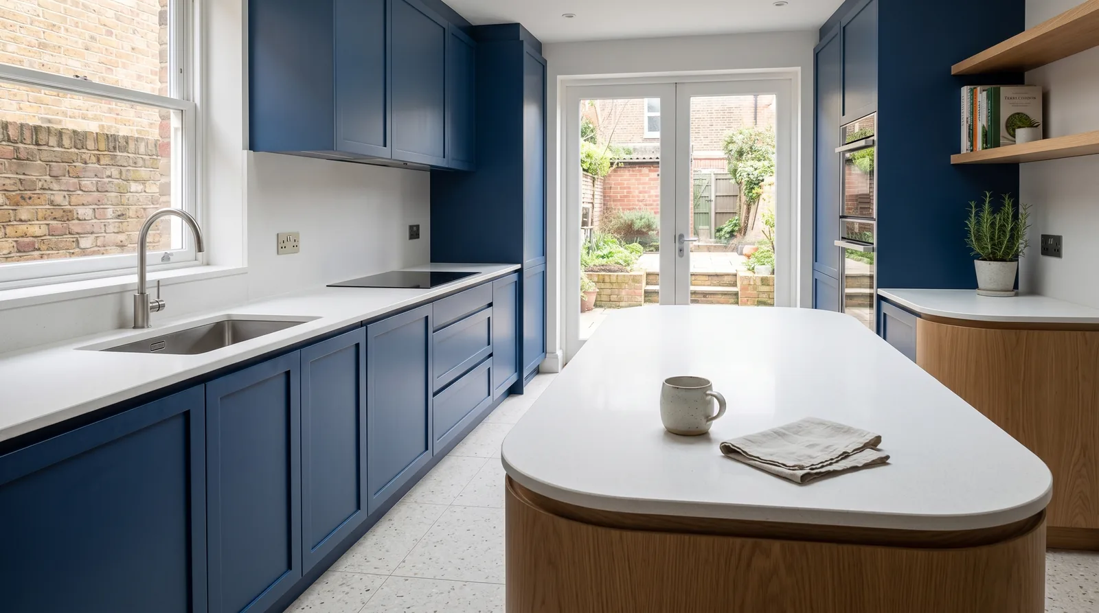Pure White NobleStone worktop in a wide kitchen view