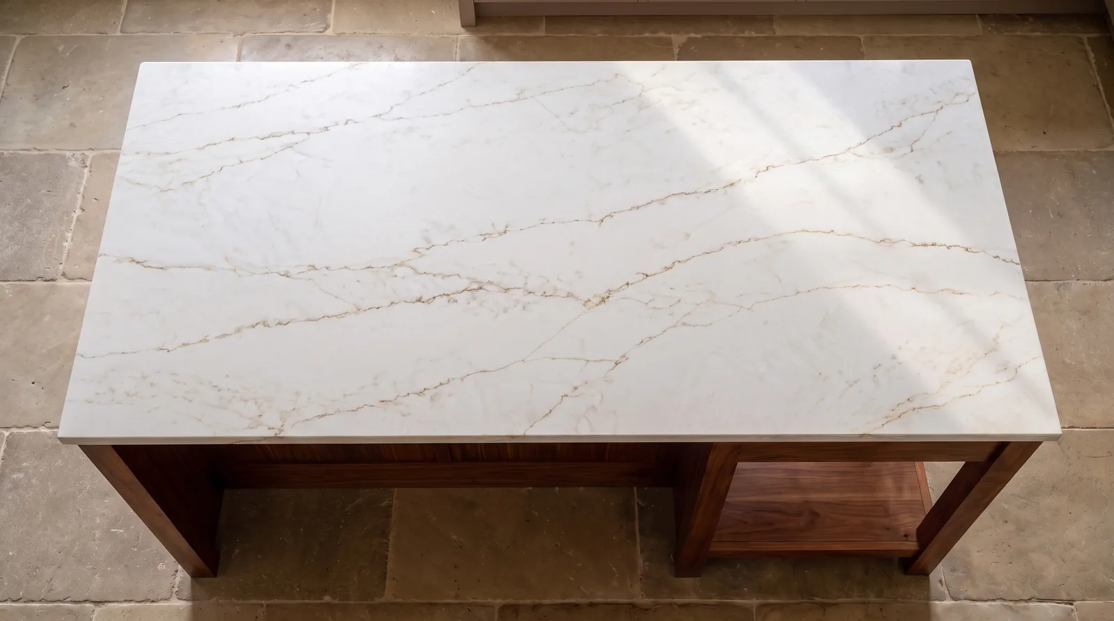 Rainforest NobleStone worktop in an overhead kitchen view