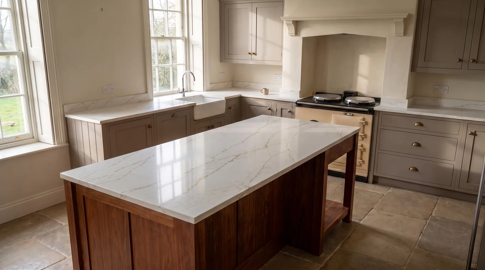 Rainforest NobleStone worktop in a wide kitchen view