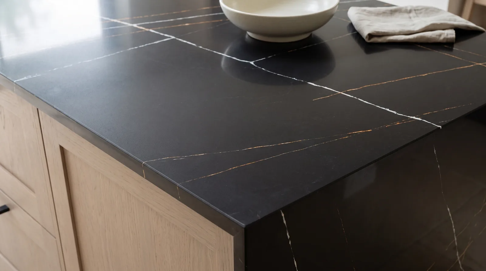Sahara Noir NobleStone worktop in a close kitchen detail view