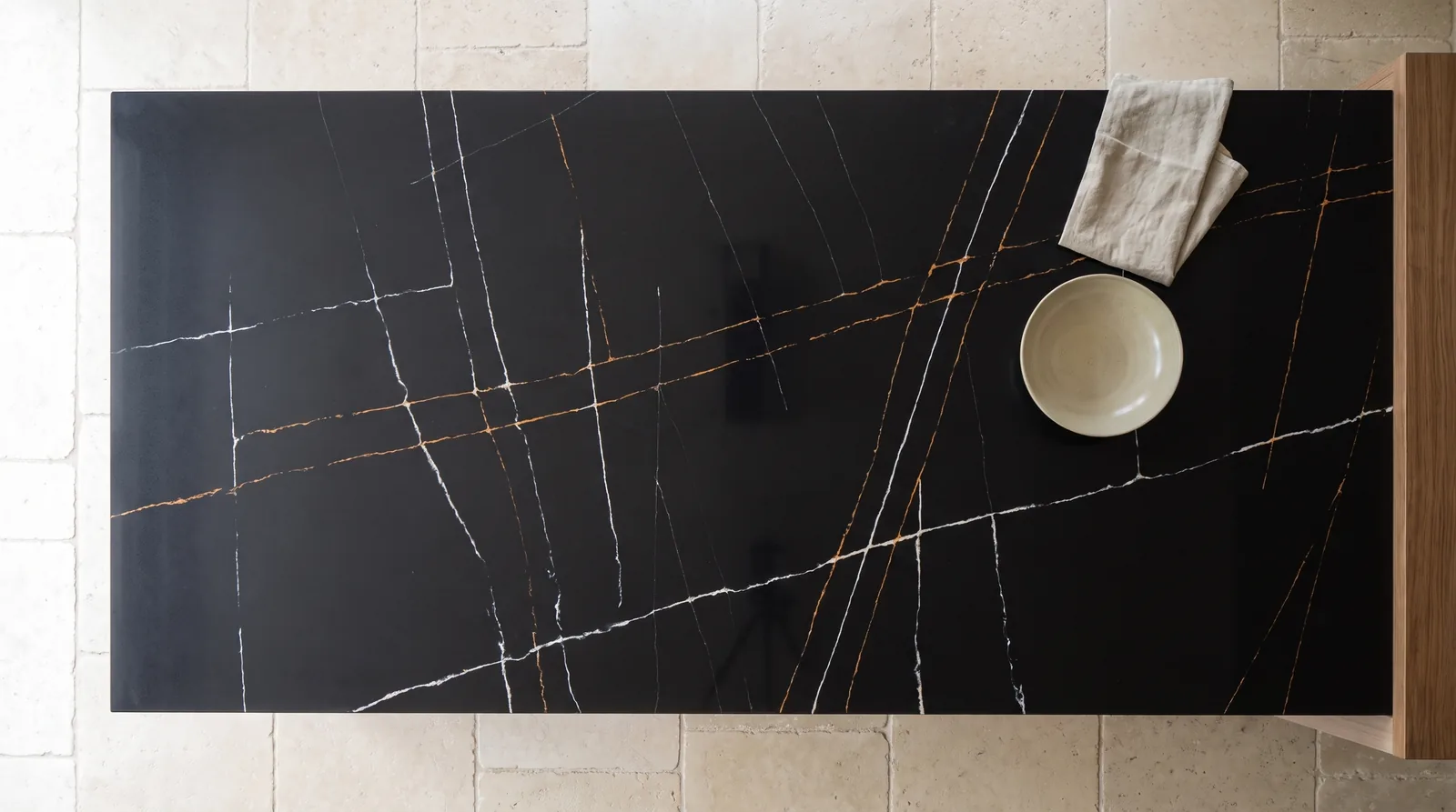 Sahara Noir NobleStone worktop in an overhead kitchen view