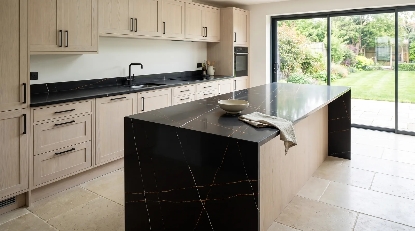 Sahara Noir NobleStone worktop in a wide kitchen view