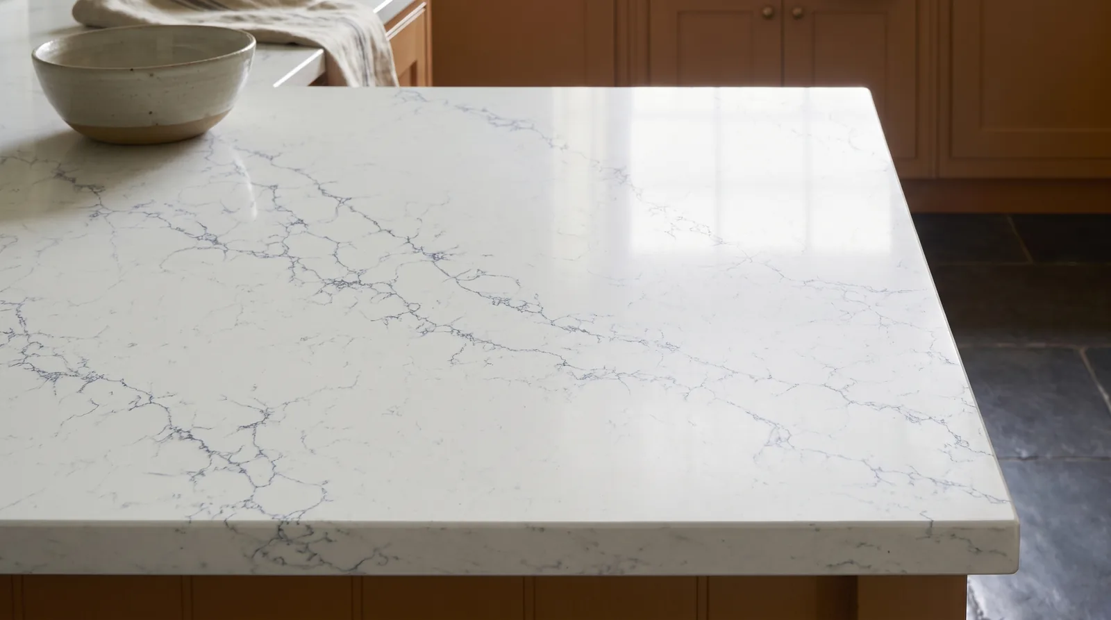 Silk White NobleStone worktop in a close kitchen detail view