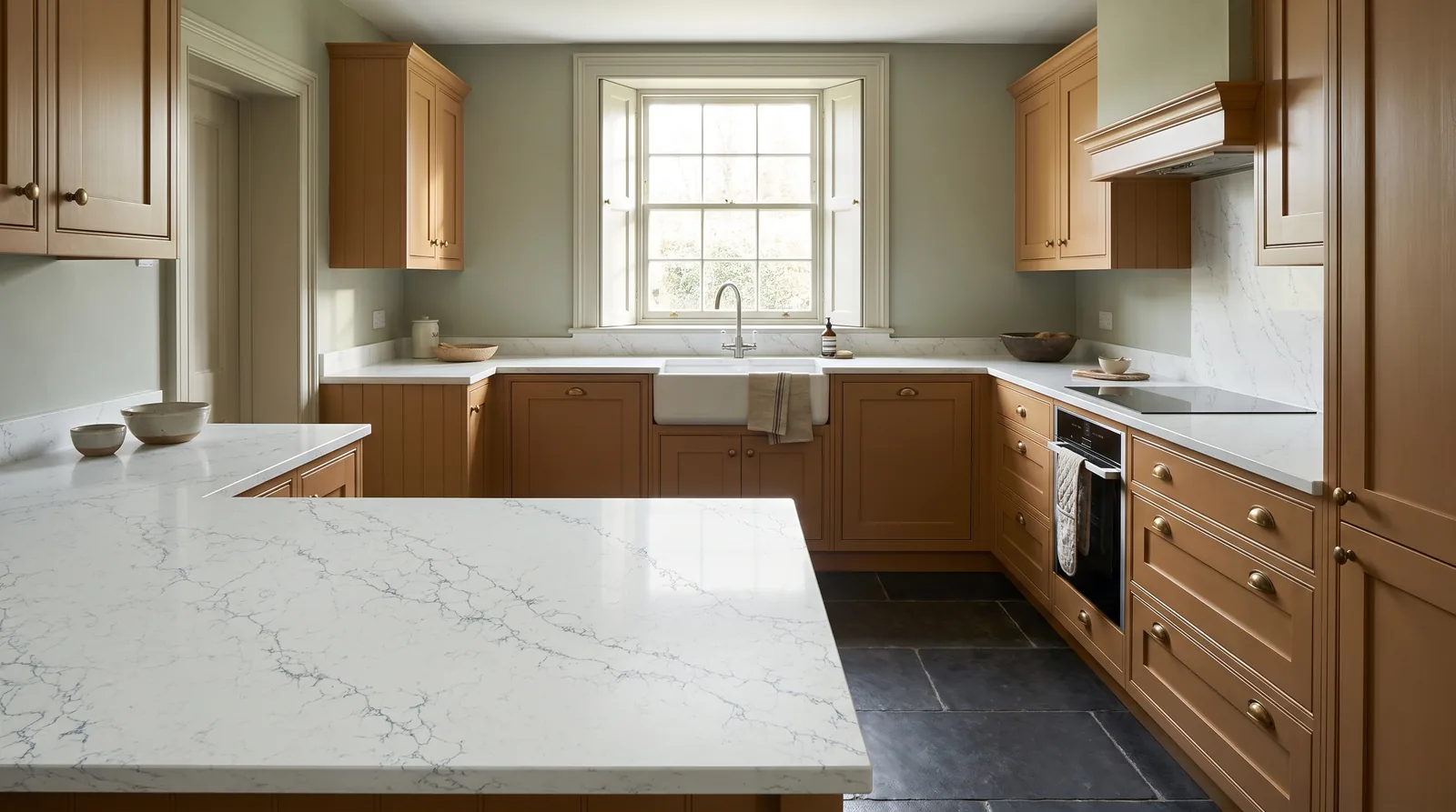 Silk White NobleStone worktop in a wide kitchen view