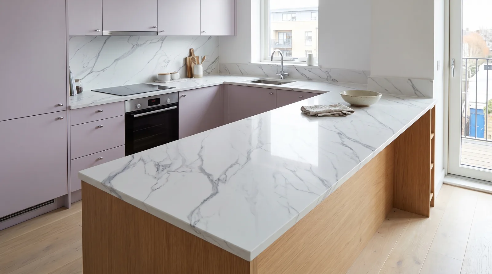 Sofia 3D NobleStone worktop in a wide kitchen view