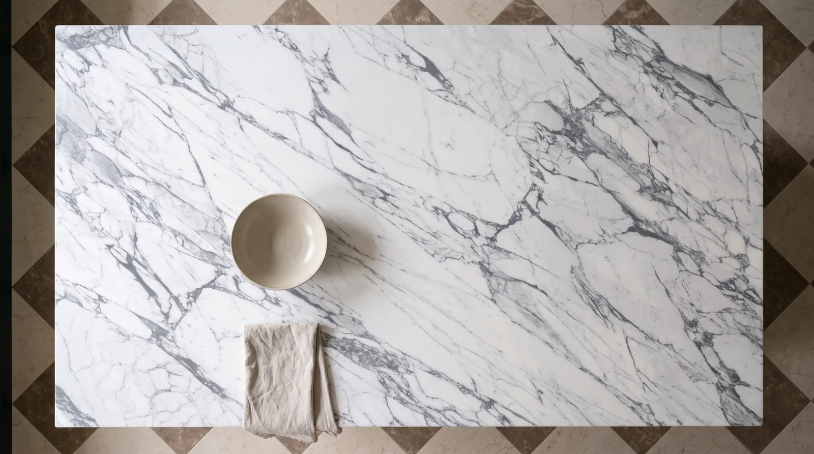 Statuario Extra 3D NobleStone worktop in an overhead kitchen view