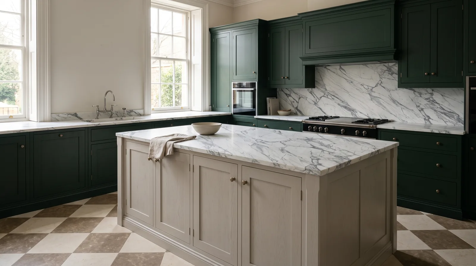 Statuario Extra 3D NobleStone worktop in a wide kitchen view