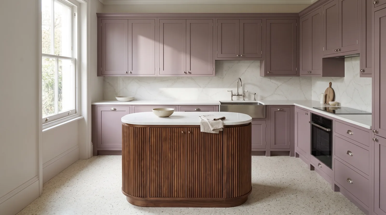 Statuario Gold NobleStone worktop in a wide kitchen view