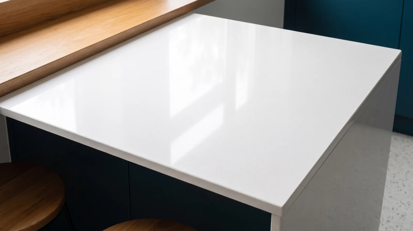 Super White NobleStone worktop in a close kitchen detail view