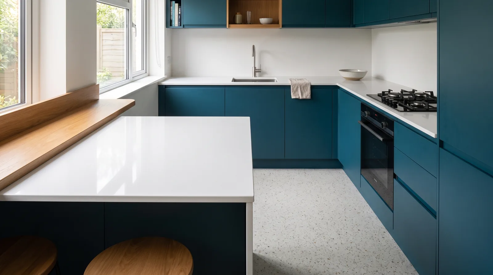 Super White NobleStone worktop in a wide kitchen view