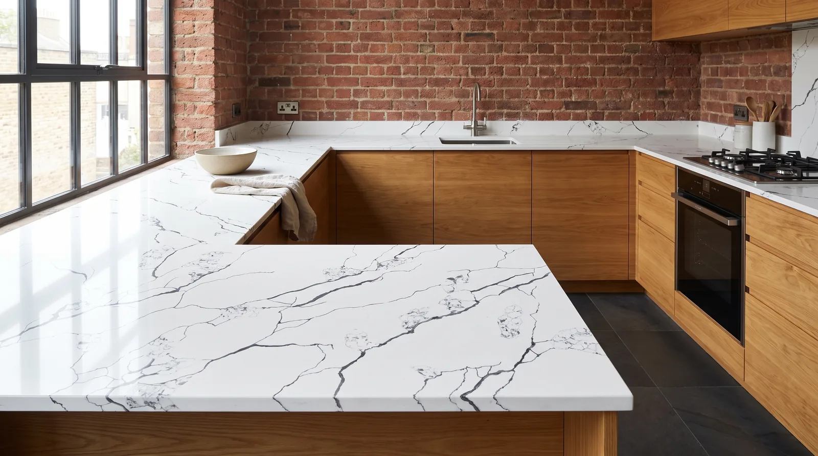 Sydney Black NobleStone worktop in a wide kitchen view