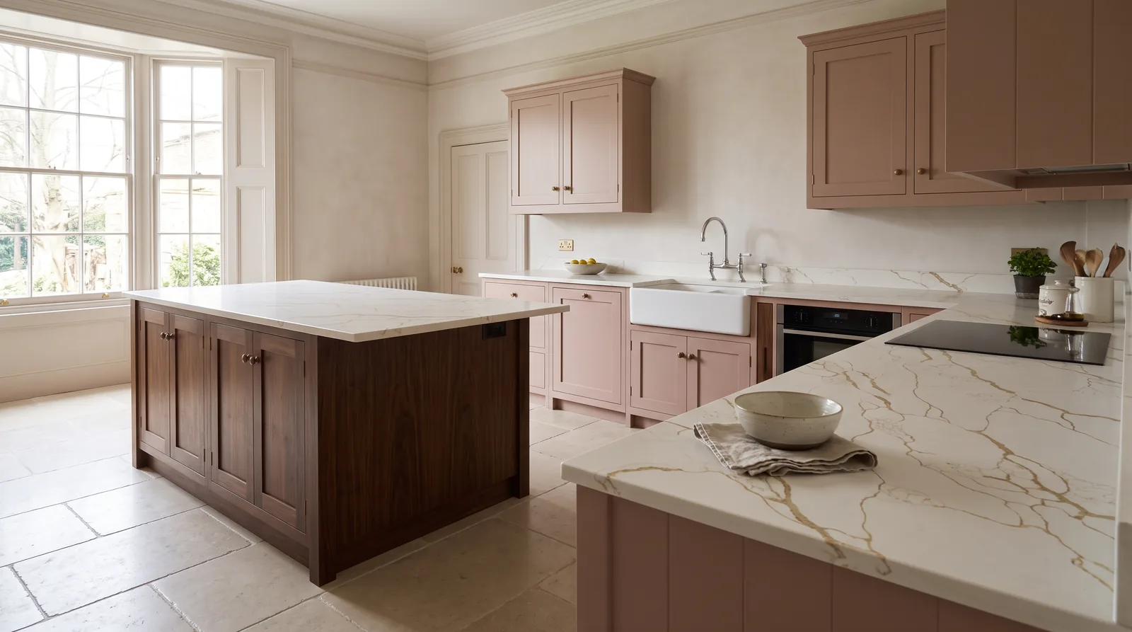 Sydney Gold NobleStone worktop in a wide kitchen view