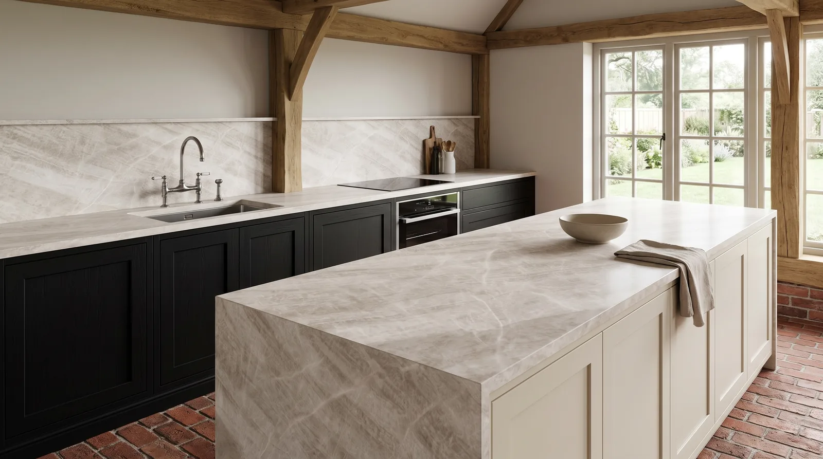 Taj Classic 3D NobleStone worktop in a wide kitchen view