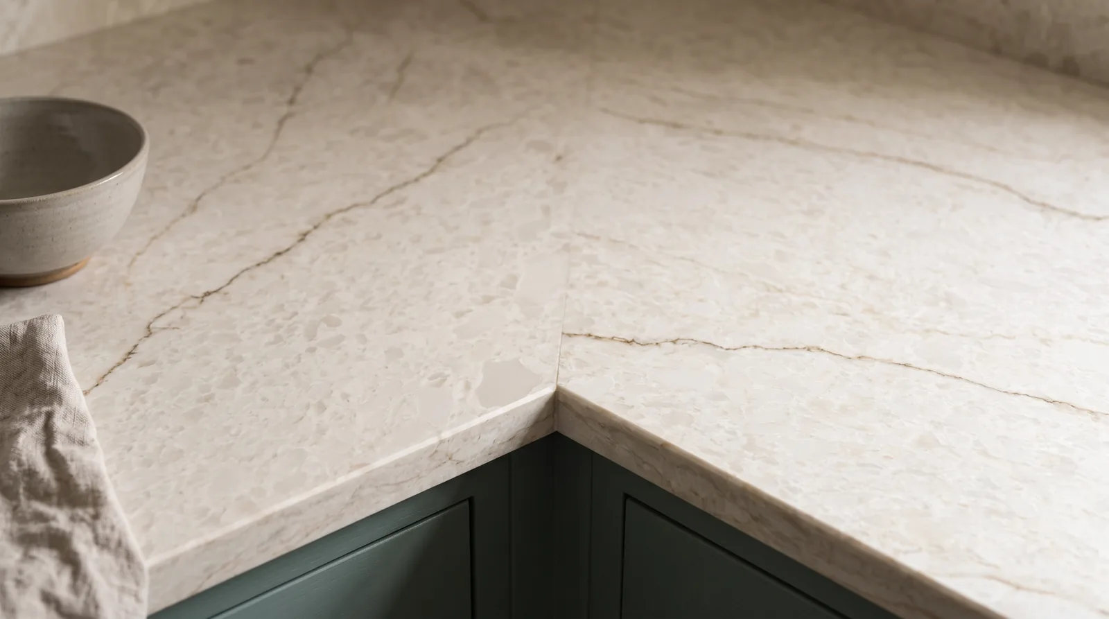 Taj Ivory NobleStone worktop in a close kitchen detail view