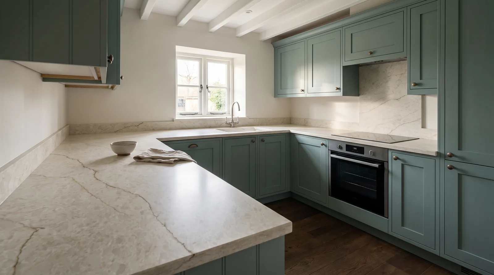 Taj Ivory NobleStone worktop in a wide kitchen view
