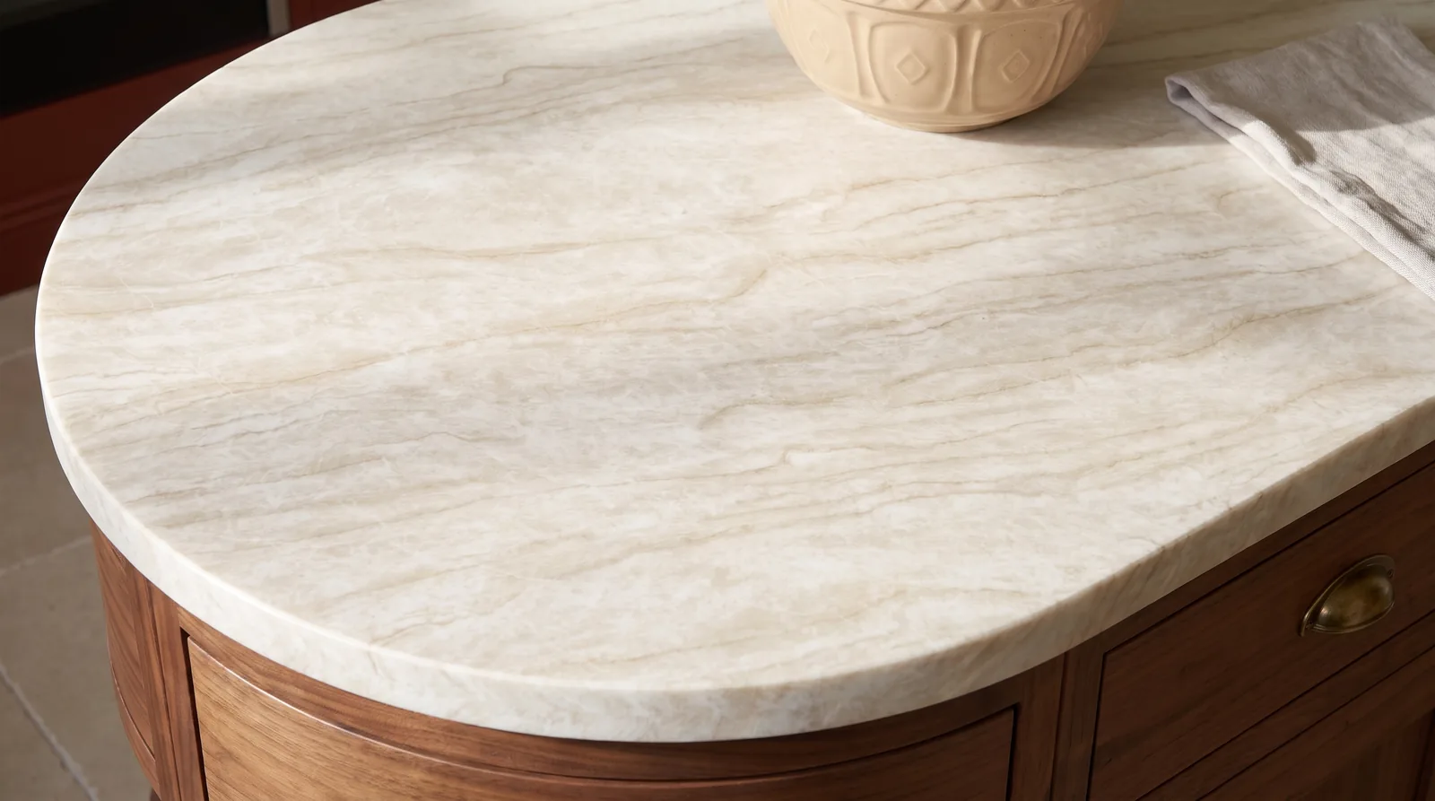 Taj Mahal 3D NobleStone worktop in a close kitchen detail view