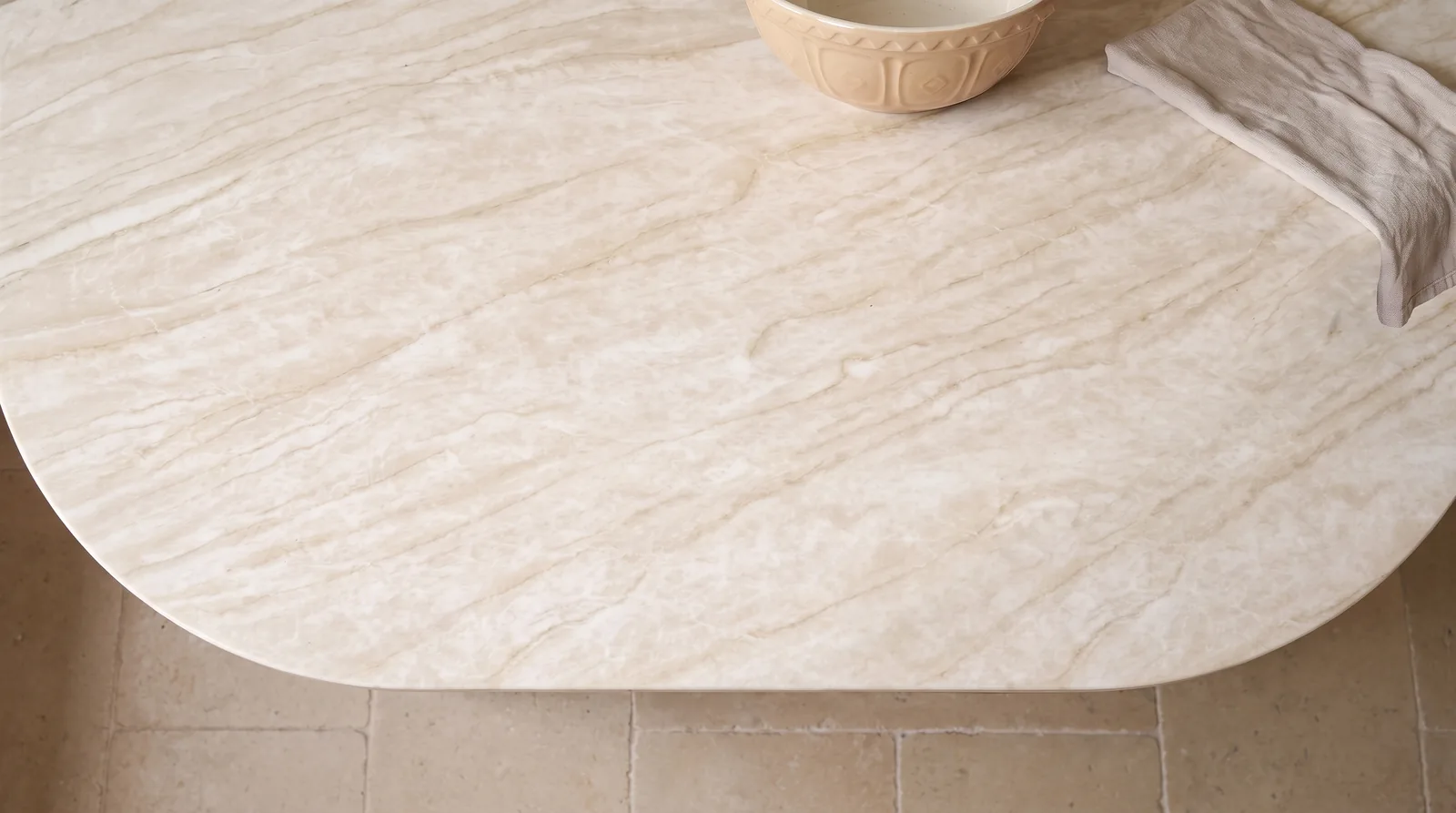 Taj Mahal 3D NobleStone worktop in an overhead kitchen view