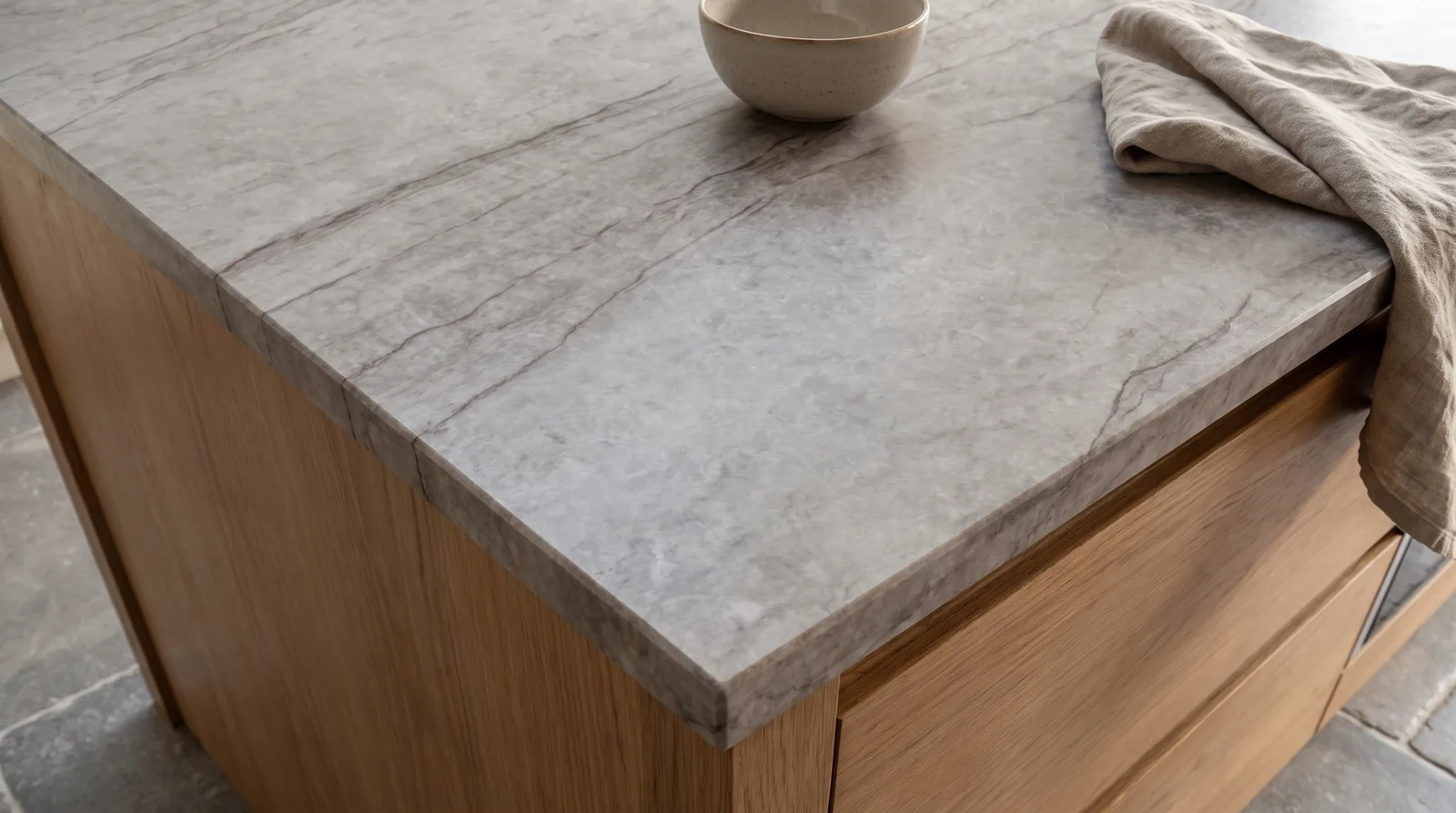 Taj Mahal Supreme 3D NobleStone worktop in a close kitchen detail view